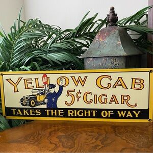 Vintage Style YELLOW CAB 5 Cent CIGAR Porcelain Enamel Advertising Sign